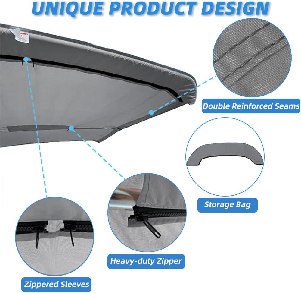 3 Bow Bimini Top Replacement Cover,  Polyester Waterproof Sun Shade Boat Canopy, Easy Install Zipper Sleeves Boat Awning/Without Frame,Gray 6